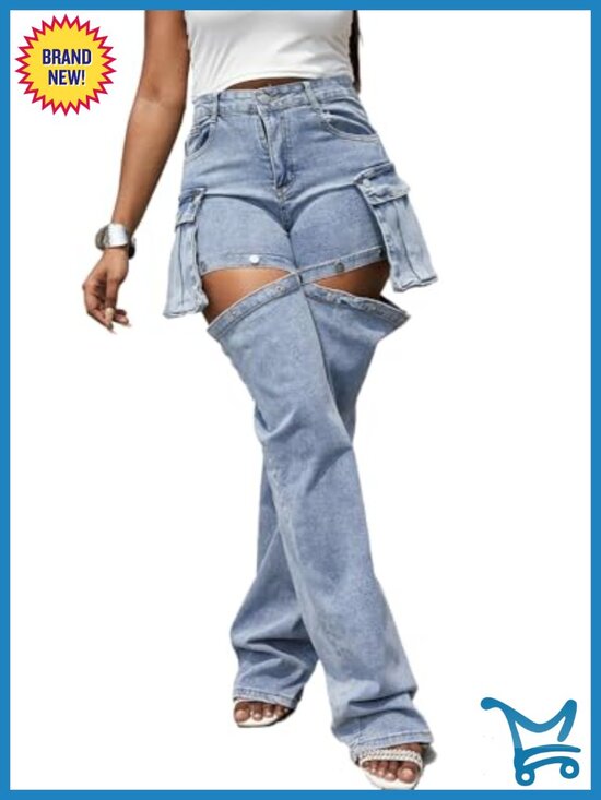 Pants - Detachable Cargo Jeans Y2K High Waisted Baggy Cutout Summer Shorts Streetwear